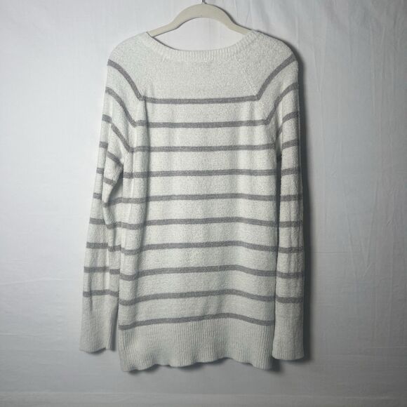 Barefoot Dreams CozyChic Lite Striped Raglan Pullover Size S White with Gray - Picture 2 of 10
